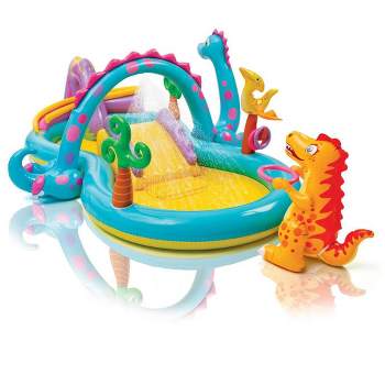 Intex 11ft x 7.5ft x 44in Dinoland Inflatable Kiddie Swimming Pool with Slide, Dino Arch Water Sprayer and Games for Ages 2+