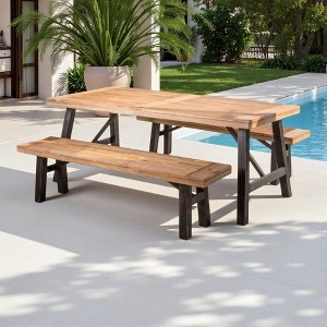 3-Piece Outdoor Patio Picnic Dining Set with 2 Benches, Acacia Wood and Metal Frame - 1 of 4
