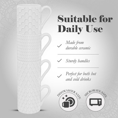 Embossed White Ceramic Mini Espresso Cups with Metal Stand, Set of 4