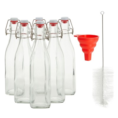 Juvale 6 Pack Square Swing Top Glass Bottles with Lids 16 Oz, Brush & Funnel for Homemade Brew, Clear