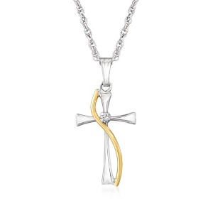 Ross-Simons Sterling Silver and 14kt Yellow Gold Cross Pendant Necklace With Diamond Accent - 1 of 3