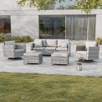 Sonkuki 5-Piece Patio Conversation Set with Swivel Rocking Chair, Navy Blue Cushion