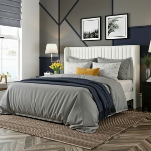 Velvet Upholstered Bed with Wingback Headboard, No Box Spring Needed - 1 of 4