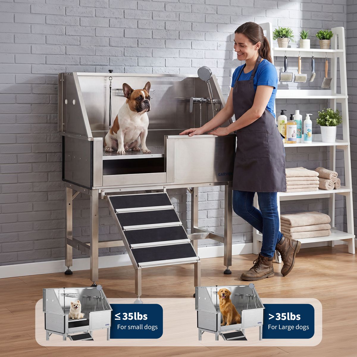 Stainless Steel Dog Washing Station with Access Stairs, Pet Grooming Bathtub Equipped with Grooming Arm, Door and Showerhead Kit - thumbnail 6