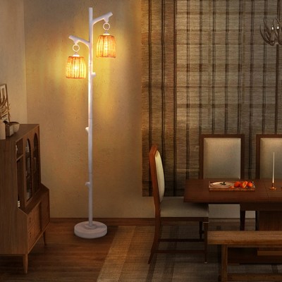 White Faux Wood Adjustable Floor Lamp with Wicker Shades