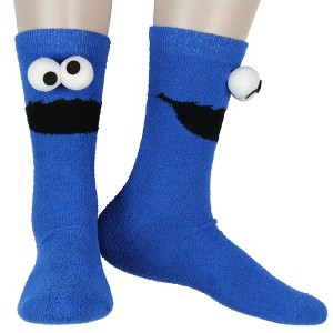 Sesame Street Socks 3D Eyes Cookie Monster Adult Chenille Fuzzy Plush Crew Socks - 1 of 4