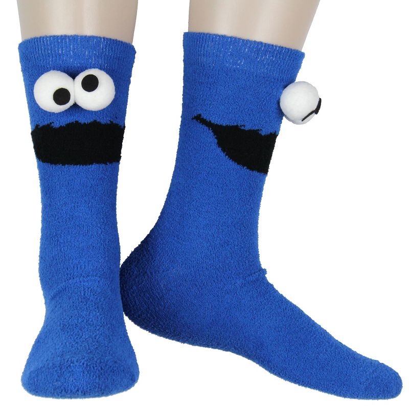 Sesame Street Socks 3D Eyes Cookie Monster Adult Chenille Fuzzy Plush Crew Socks Blue, 1 of 6