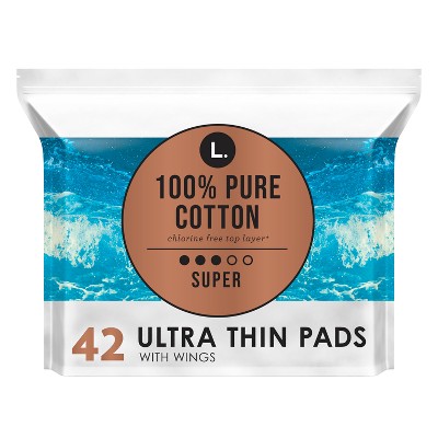 L . Pure Cotton Chlorine Free Top Layer Ultra Thin Super With Wings  Unscented Absorbency Pads - 42ct : Target