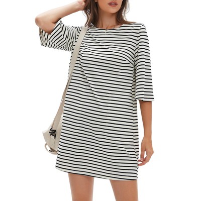 EXLURA Women's 2025 Summer Oversized Short Sleeve T Shirt Dress Casual Crew Neck Striped Tops Loose Sundress with Pockets