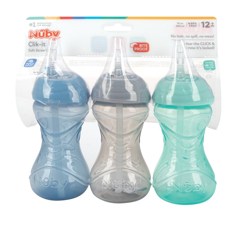 Photos - Baby Bottle / Sippy Cup Nuby 3pk Clik-It Flexi-Straw Cup - Aqua/Grey/Blue - 10oz 