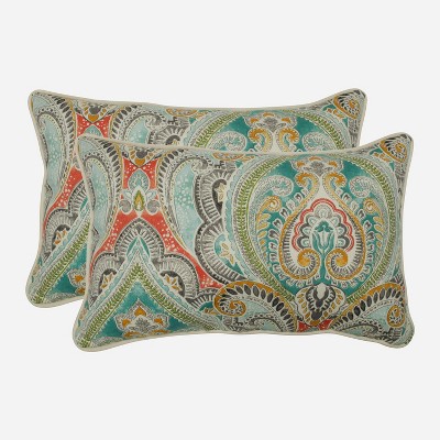 2pk Pretty Witty Rectangular Outdoor Throw Pillow Reef Blue - Pillow Perfect: Weather-Resistant, Damask Pattern