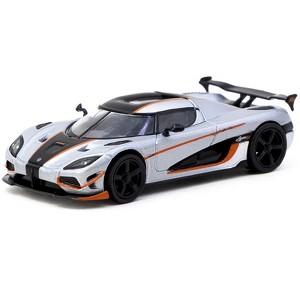 Koenigsegg Agera RS Moon Silver Metallic with Black and Orange Stripes "Global64" Series 1/64 Diecast Model by Tarmac Works - 1 of 1