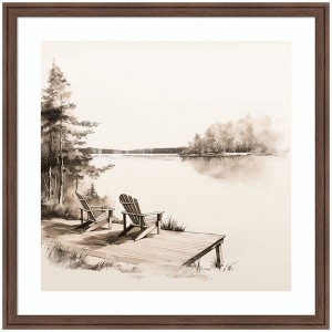 Kate and Laurel Abstract Sketch Of Adirondack Chairs On A Dock by The Creative Bunch Studio Framed Wall Art Print, 26 x 26, Florence Medium Brown - 1 of 4