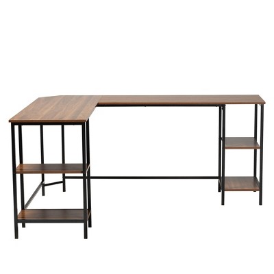 Lydia Modern Walnut Brown Wood L-Shaped Corner Desk with Metal Frame