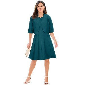 Roaman's Petite Plus Size Elbow Sleeve Fit-And-Flare Dress With Bolero Jacket – 2-Piece Suit - 1 of 4