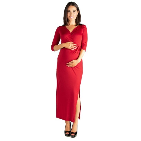 Fitted V-neck Side Slit Maternity Maxi Dress-burgundy-m : Target