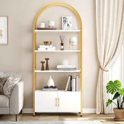 4 Tier Arched Bookshelf with Storage, 71.5 Inch Tall Metal Framed Industrial Bookshelf, Open Display Shelf for Bedroom, Office, Living Room