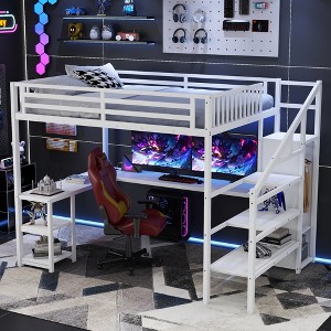 TIRAMISUBEST Queen Size Loft Bed with Open Wardrobe and LED Light, Kids Metal Bed Frame with Charge Station on L-Shaped Desk - 1 of 4