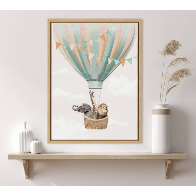 Natural Framed Canvas Print with Zoo Animals in Hot Air Balloon, 18" x 24"