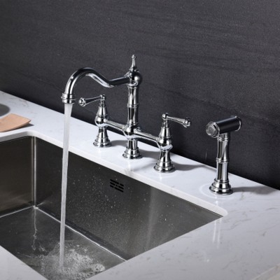 Stylish Dual-Handle Bridge Kitchen Faucet with Detachable Side Spray