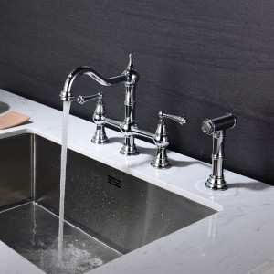 Stylish Dual-Handle Bridge Kitchen Faucet with Detachable Side Spray - 1 of 4