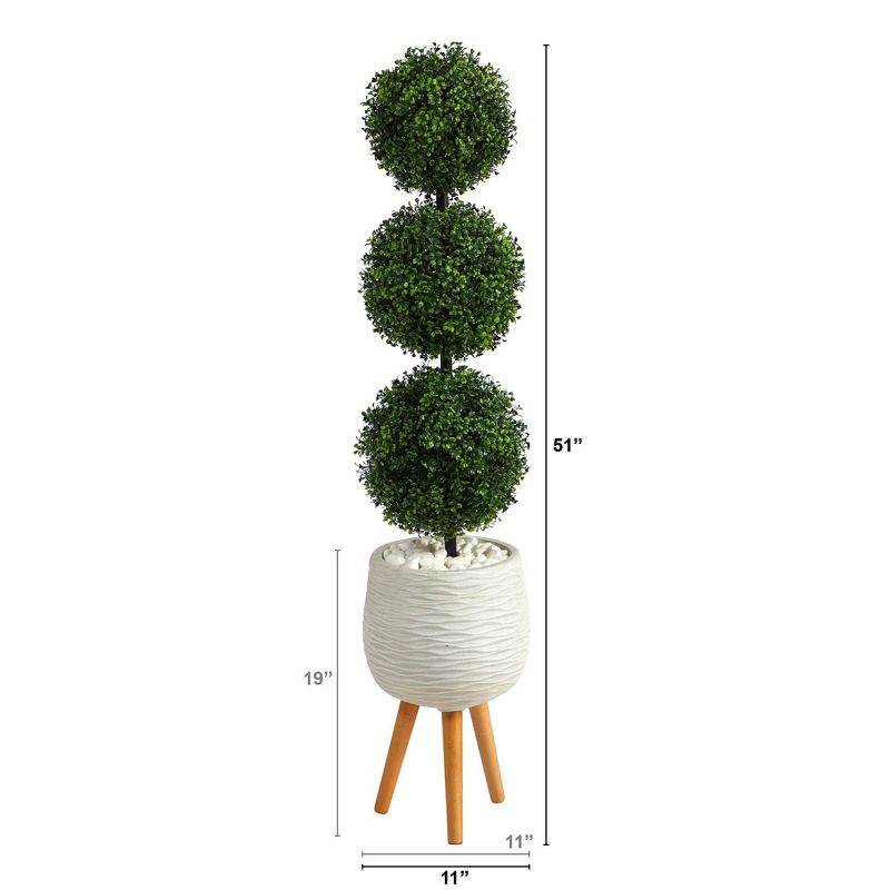 Nearly Natural 51-in Boxwood Triple Ball Topiary Artificial Tree in White Planter with Stand (Indoor/Outdoor, 2 of 5