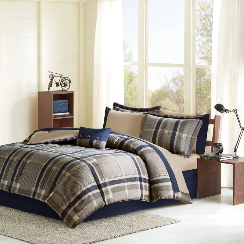 Intelligent Design Rick Plaid Print Antimicrobial Comforter Set with Bed Sheet Navy, 1 of 14
