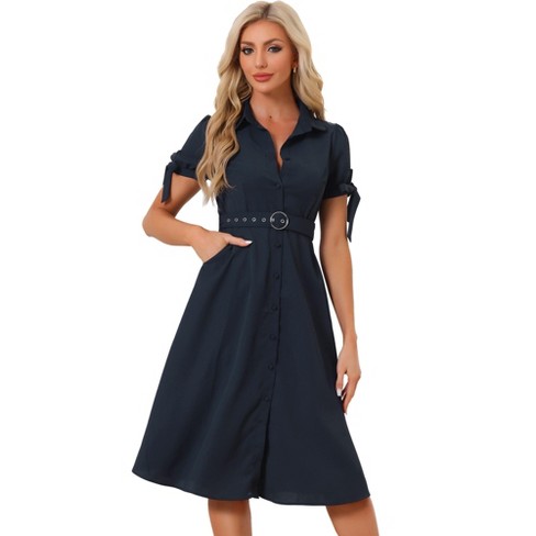 Allegra K Women s Business Short Sleeve Pocket Belted Button Down Midi Shirt Dresses Target