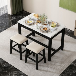 3-Piece Contemporary Faux Marble Bar Table Set with Storage and Padded Stools, Perfect for Compact Dining Areas or Small Kitchens - 1 of 3