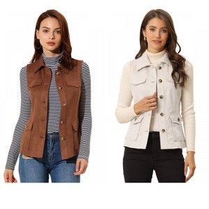 INSPIRE CHIC Women's Buttoned Sleeveless Faux Suede Utility Vest with Cargo Pocket 2 Packs - 1 of 4
