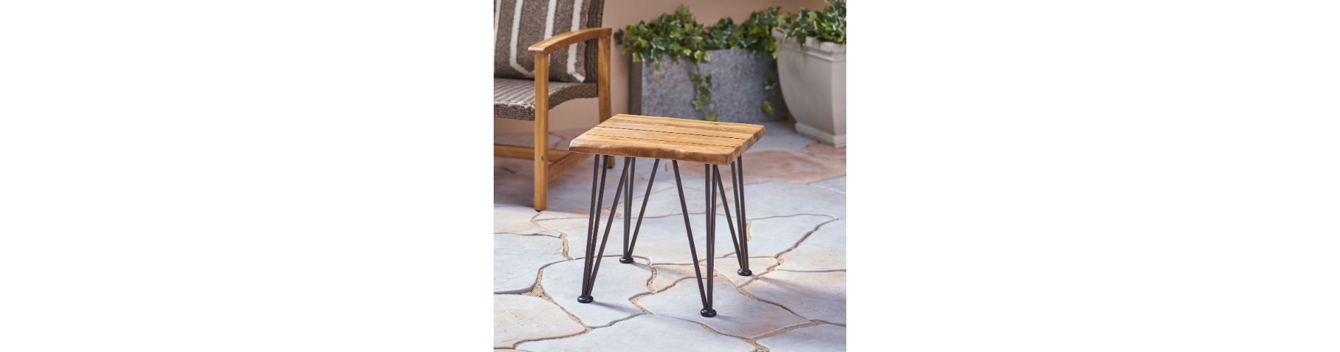 Lyngins Rustic Industrial Acacia Wood Patio Bench/Outdoor Side Table with Iron Legs, Weather-Treated for Outdoors, Sturdy Stylish Design Garden Bench