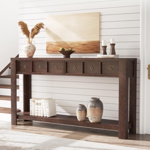 54" Farmhouse Console Table - Wooden Sofa & Entryway Table with 2 Drawers & Open Shelf for Hallway, Living Room, Foyer - 1 of 4