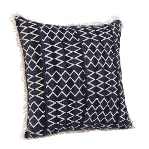 Gulches Fun Fringed Throw Pillow - Handmade India Cotton Blend, Textured Stripes/Geometric Motifs, Zippered Cover, Plush Polyester Insert, Navy/White - 1 of 4