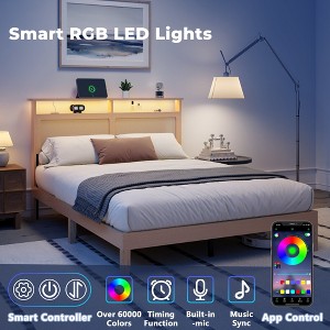 Furnulem Queen Size Bed Frame Rattan Headboard with LED Lights and Charging Station Boho Bedframe with Storage Shelf and Under Bed Storage Solid Wood - 1 of 4