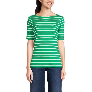 Lands' End Women's Supima Cotton Elbow Sleeve Boatneck Button Shoulder Tee - 1 of 4