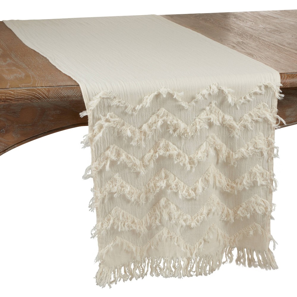 Photos - Tablecloth / Napkin 72" x 16" Cotton Chevron Fringed Table Runner White - Saro Lifestyle