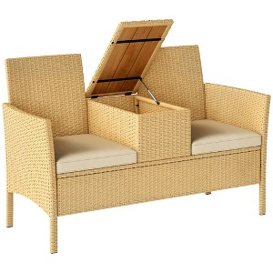 Outsunny Rattan Patio Loveseat with Built-in Flip-Top Coffee Table, Outdoor Wicker Sofa with Cushions for Balcony, Garden, Lawn, Backyard, Khaki - 1 of 4