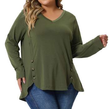 Agnes Orinda Women's Plus Size Long Sleeve V Neck Loose Casual Workout Fashion Buttons Tunic Blouse