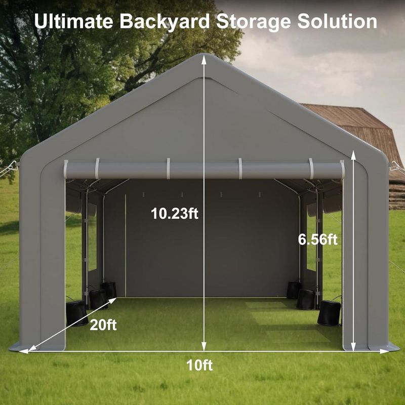Whizmax 10x20''Carport -Portable Upgraded Garage£¬Heavy Duty Carport with 4 Roll-up Doors & 4 Ventilated Windows,Gray, 2 of 10