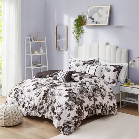 Intelligent Design Twin/Twin XL 4pc Hannah Floral Print Comforter Set - Black/White: Vintage Reversible Bedding with Decorative Pillows