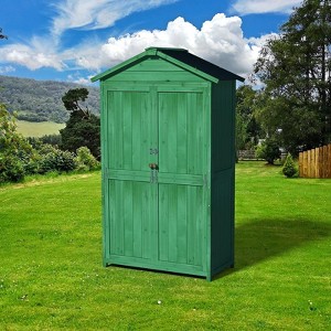 VisioGear Outdoor Shed, Wood Storage Shed with Waterproof Asphalt Roof, Double Doors, Multiple-tier Shelves for Garden, Green, 35.6"*18.1"*66.15" - 1 of 4