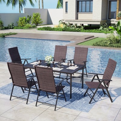 Captiva Designs 7pc Outdoor Patio Slat-top Rectangle Dining Steel Table & Foldable Arm Chairs