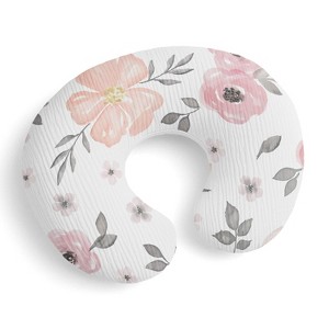 Sweet Jojo Designs Baby Girl Muslin 100% Cotton Nursing Pillow Cover Watercolor Floral Pink and Grey - 1 of 4