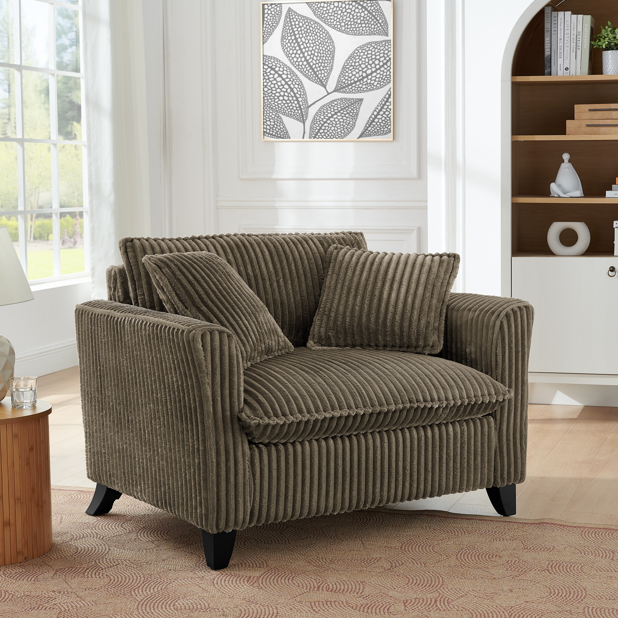 Corduroy Upholstered Armchair Accent Chair with Pillows, Comfortable Lazy Sofa Chair, Brown - ModernLuxe