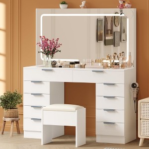 Large Vanity Desk with Large Mirror and Lights and Clear Glass Top, Modern Dressing Table Vanity Set with Stool - 1 of 4