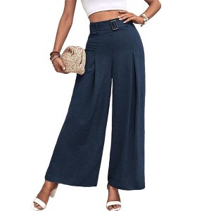 Women's High Waist Wide Leg Pants - Drapery Flowy Trousers for Work & Casual Comfort Navy L - 1 of 3