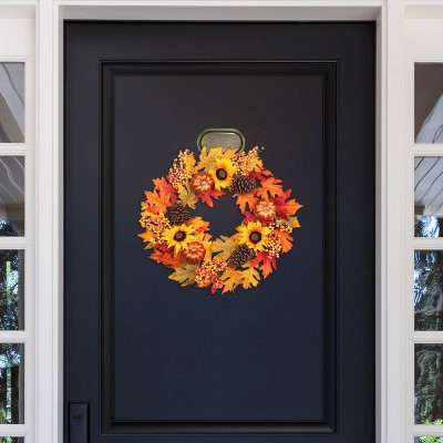 24 Inch Fall Sunflower Wreath with Pumpkins and Pinecones