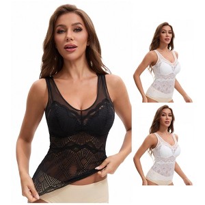 INSPIRE CHIC Women's 3 Packs Lace Mesh V-Back Wide Strap Fixed Cup Tank Top Longline Light and Breathable Camisoles - 1 of 4