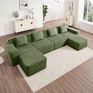 Modular 4-Seat U-Shaped Sectional Sofa, Deep Seat Cloud Couch with 2 Movable Ottomans & Throw Pillows, Plush Corduroy Boneless Sofa for Living Room - 1 of 4