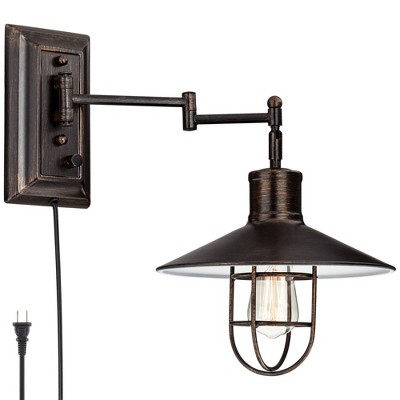 Franklin Iron Works Rustic Vintage Swing Arm Wall Lamp LED Brushed Bronze Plug-In Light Fixture Hooded Metal Cage Bedroom Bedside